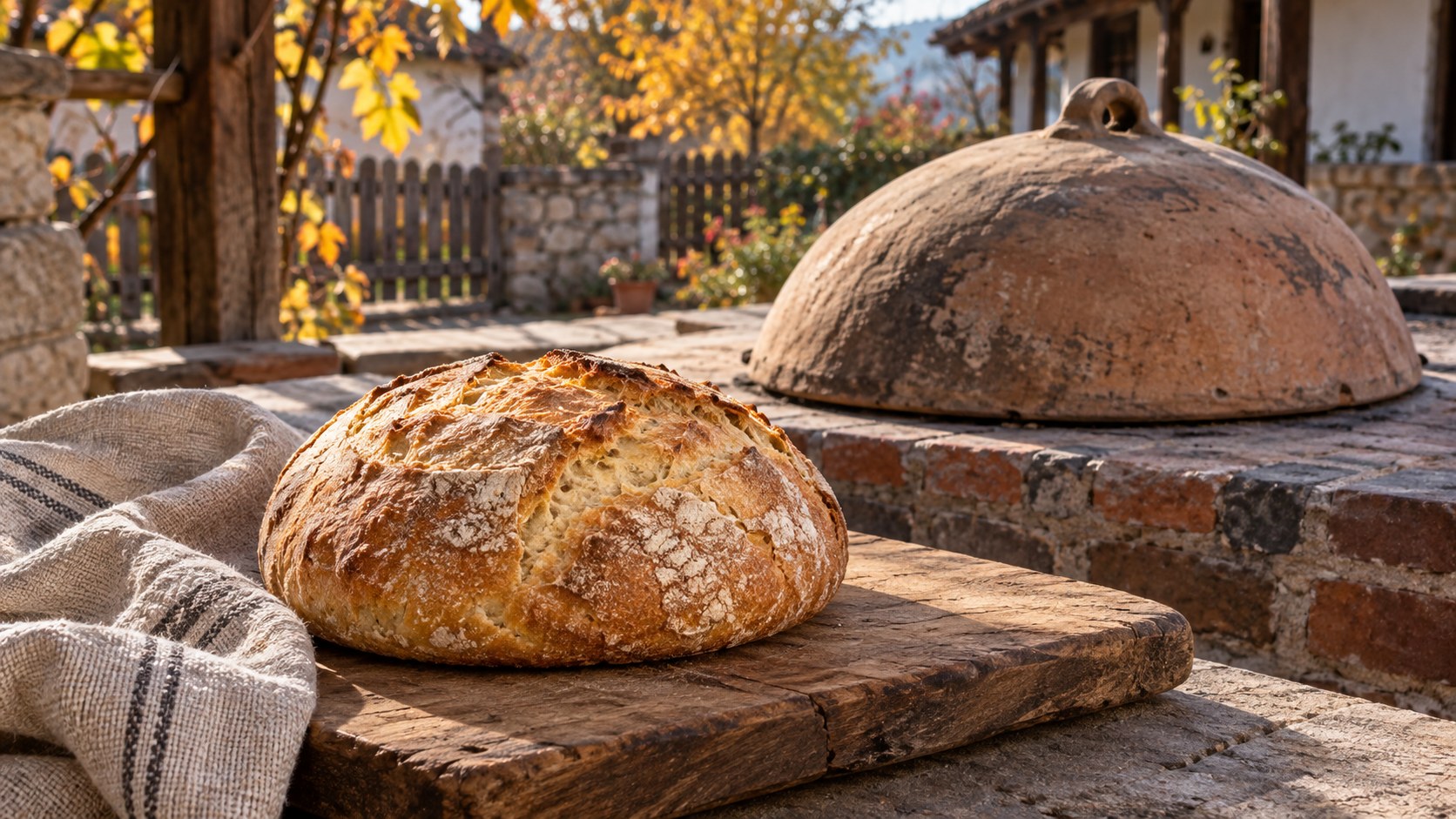 Ilustrație realistă cu o pâine rotundă pe un tocător de lemn și un țest din lut pe vatră, într-o curte rurală.