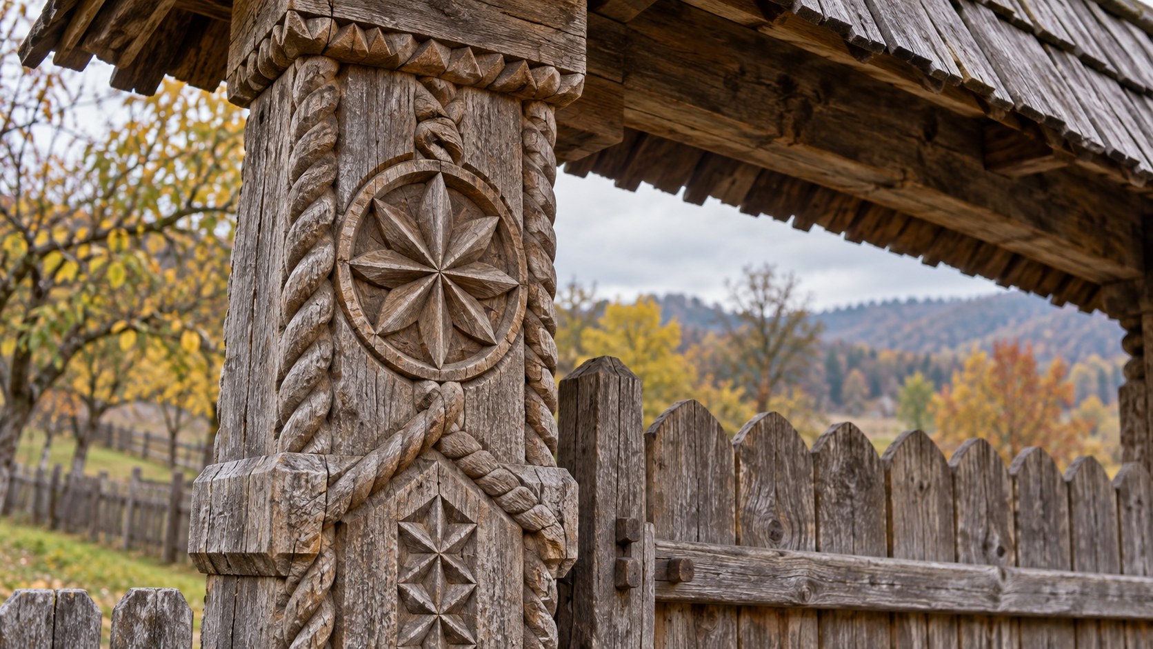 Ilustrație realistă cu un stâlp de poartă din lemn sculptat cu motive geometrice și funie, sub acoperiș de șindrilă.